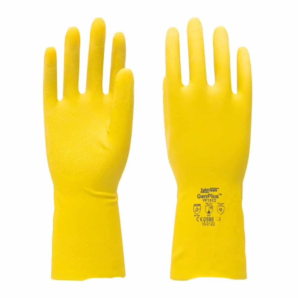 SAFETYWARE GenPlus YF1512 Extra Light Duty 12" Yellow Flocklined Rubber Gloves